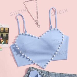 Baby Blue Pearl Heart Cropped Cami Tank Top Concert Outfit Size L Large